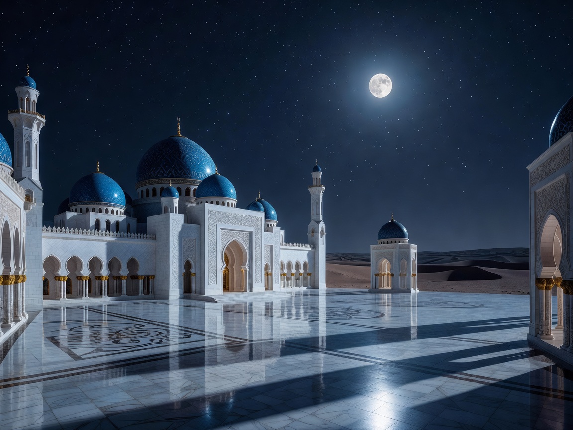 A magnificent Arabian palace featuring sapphire domes and white marble courtyards under a moonlit desert sky