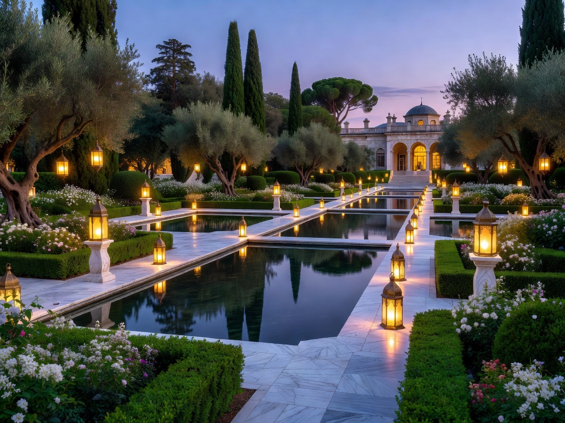 A peaceful palace garden with reflecting pools, marble pathways, and illuminated lanterns