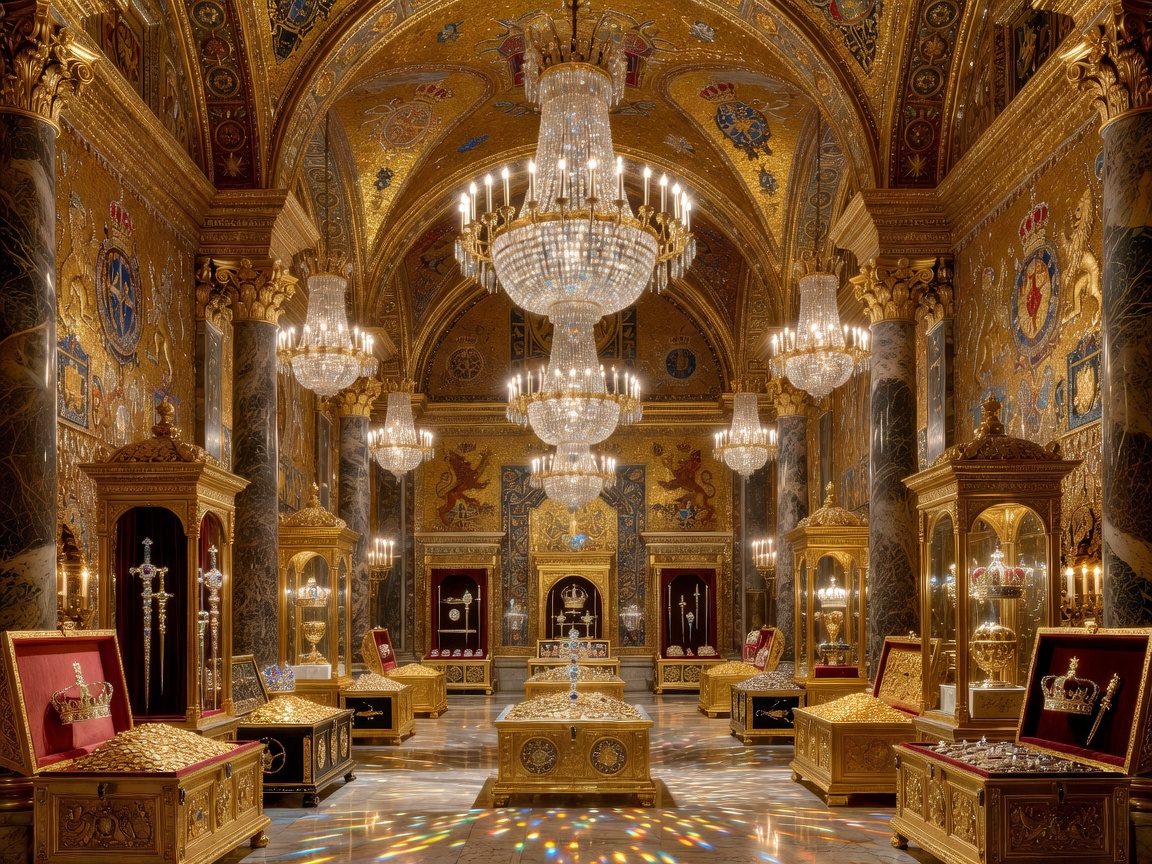 A luxurious royal treasury hall with golden mosaics, crystal chandeliers, and ornate columns